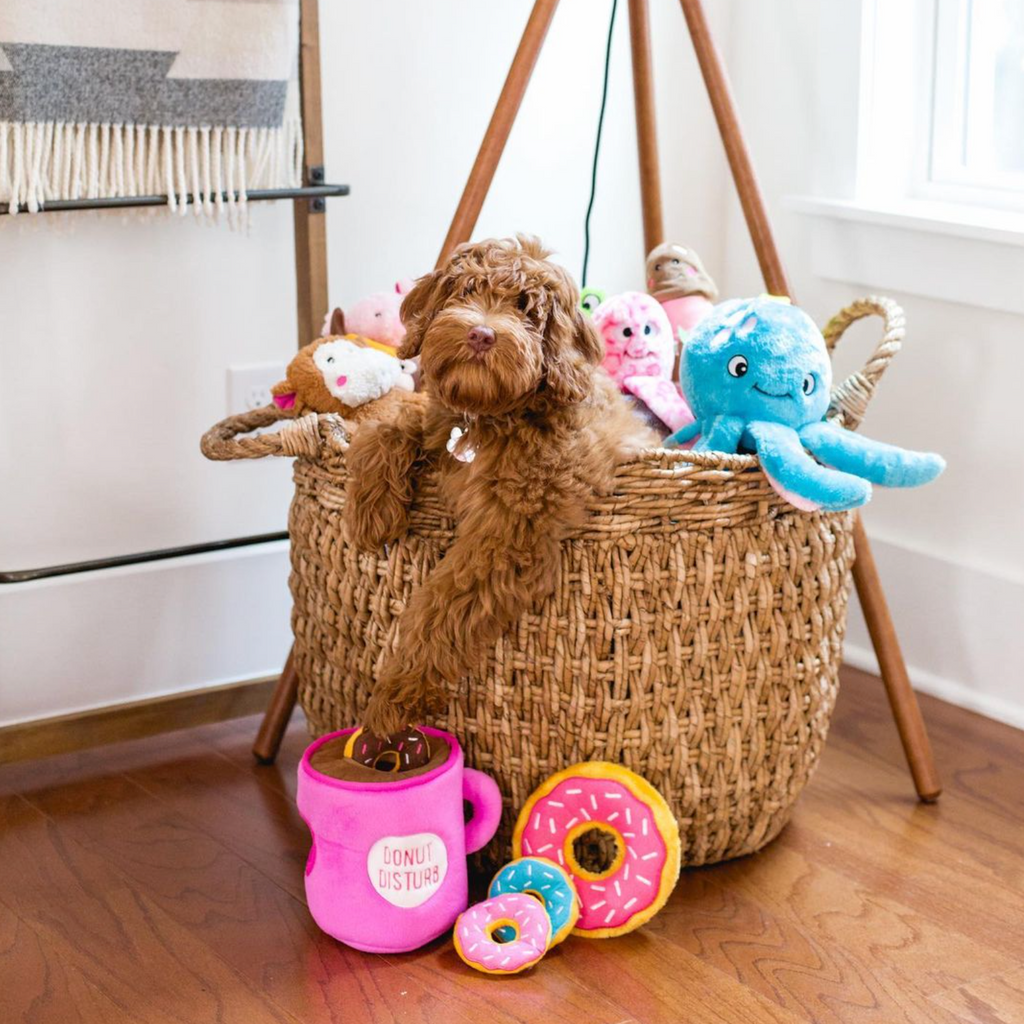 Wicker basket sits on a wooden floor, overflowing with bright and colourful dog toys, in the basket is a caramel colour fluffy dog smiling happily with its paw on a dog toy, available from Little Ellie Boutique, an Australian dog brand