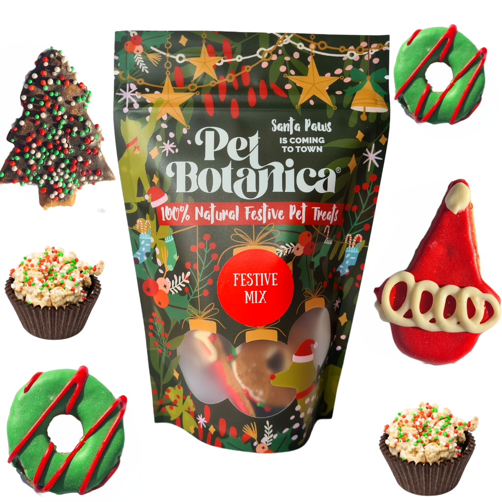 Bag of Pet Botanica festive pet treats with Christmas-themed cookies and candies displayed around it.