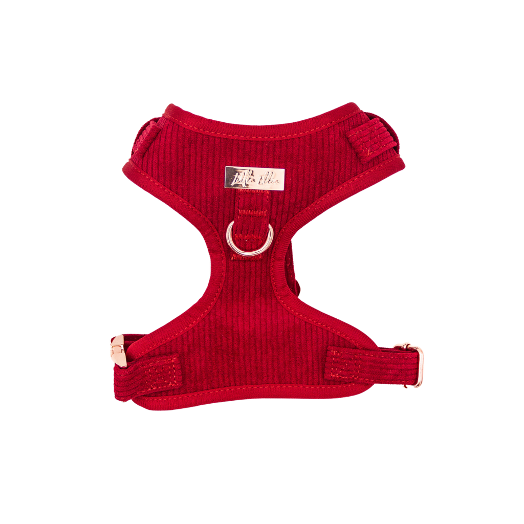 Crimson red corduroy adjustable dog harnesses with rose gold hardware on transparent background