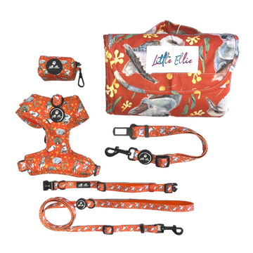 Adjustable dog accessory set in colourful Aussie Animals design, on white background. Adjustable dog harness, adjustable dog collar, adjustable dog leash, dog travel mat, dog poop bag holder, dog bows