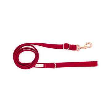 Crimson red corduroy luxury adjustable dog leash on white background