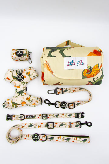 Adjustable dog accessory set in colourful dinosaur print, on white background. Adjustable dog harness, adjustable dog collar, adjustable dog leash, dog poop bag holder, dog bows, dog travel mat