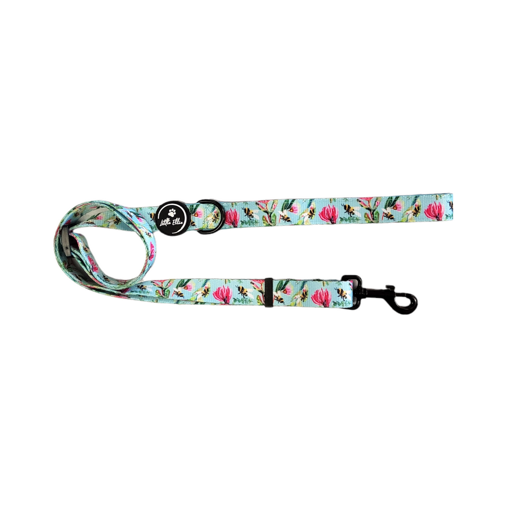 Adjustable wide dog leash in colourful native bees design, made from neoprene, quick-dry webbing