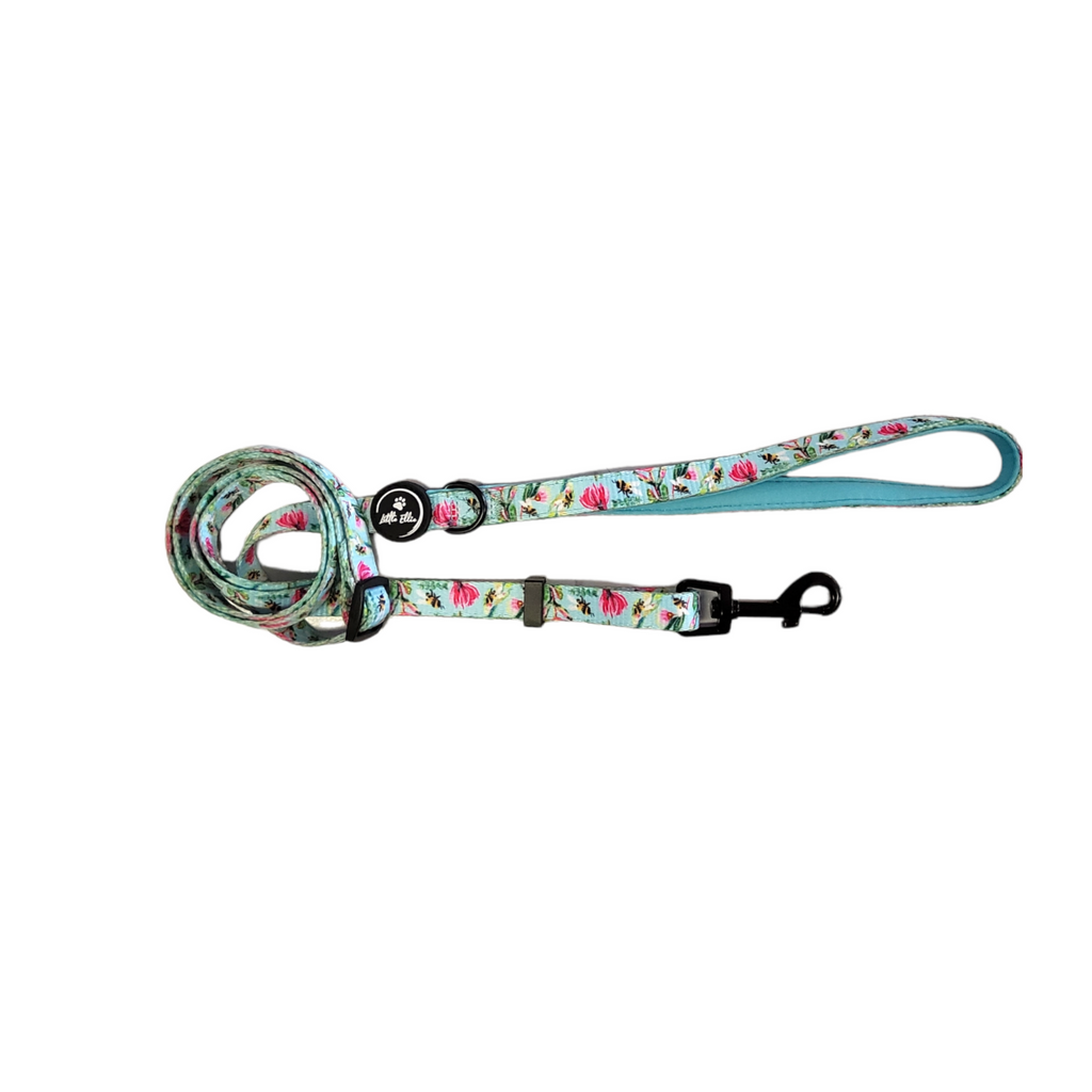 Adjustable narrow dog leash in colourful native bees design, made from neoprene, quick-dry webbing