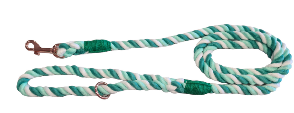 Tri-colour luxury rope dog leash in dark green, light green and white with rose gold hardware.