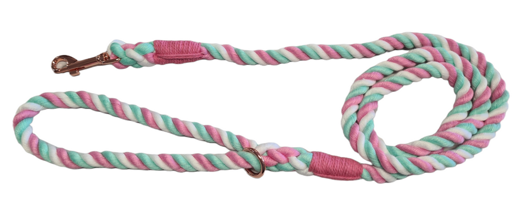 Tri-colour rope dog leash in green, pink and white on a white background